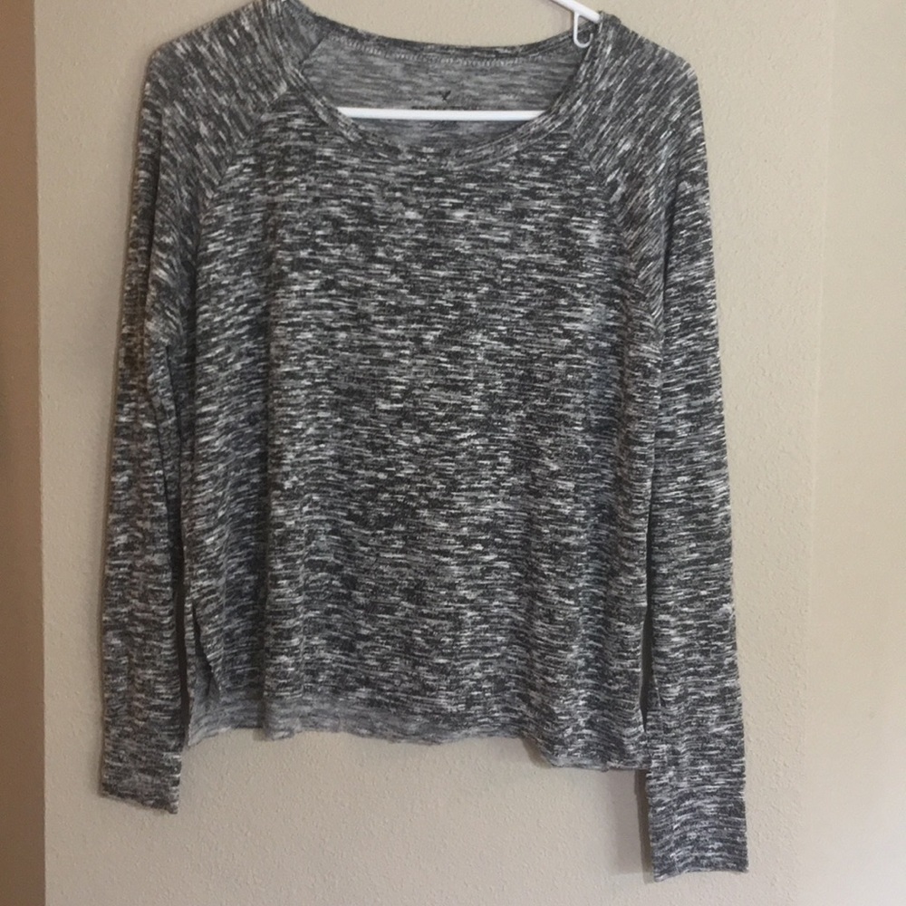 American Eagle Long Sleeve Shirt Soft & Sexy Plush XS Gray Short Rough Hem Slits